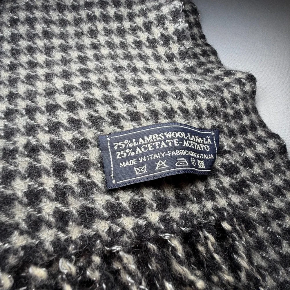 Italian Lambswool Scarf Houndstooth Black Grey Blend Made‎ in Italy